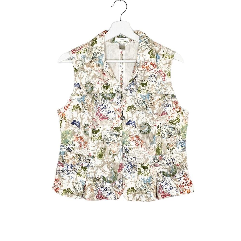 Christopher & Banks Vest Womens Medium Cream/Green Floral Butterfly Zip Front